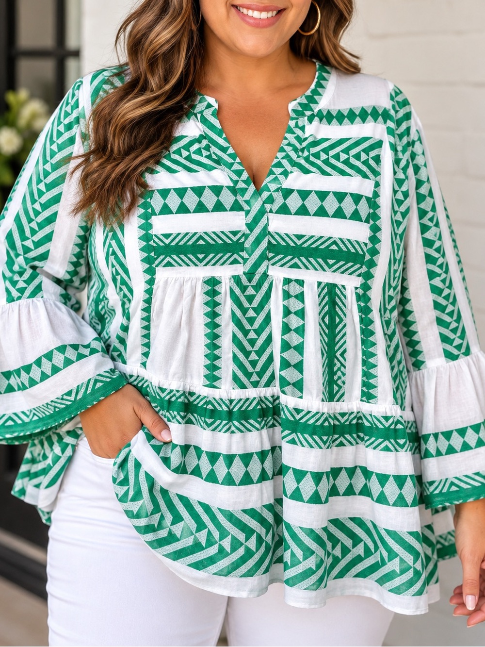Crown & Ivy 2X Green White Geometric Print Tiered Tunic Top NWT
